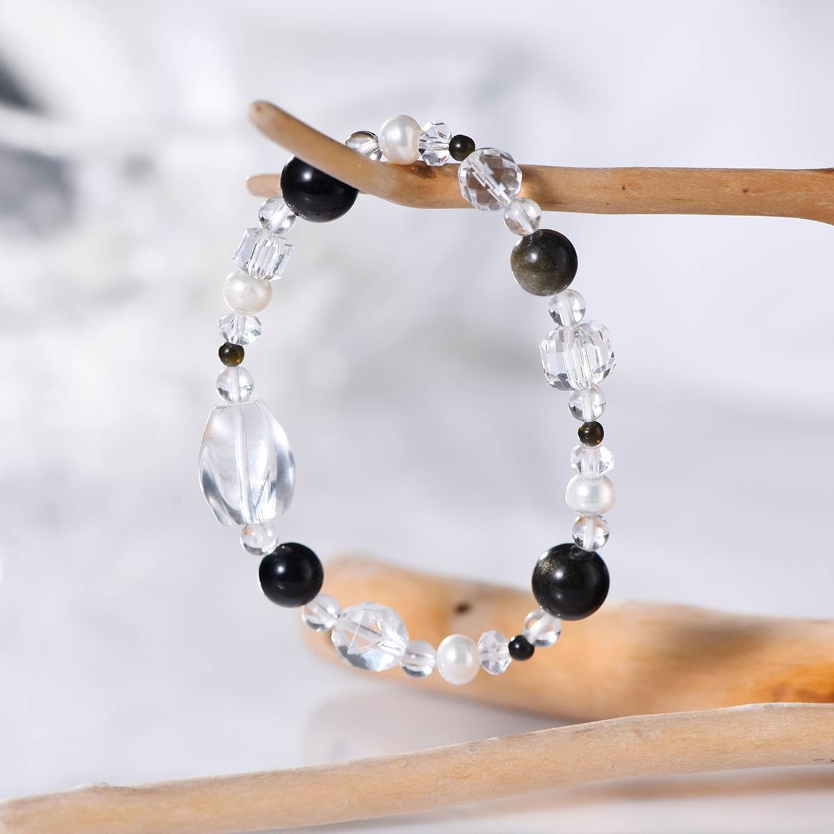 Taoist Energy Bracelet - Obsidian and White Crystal