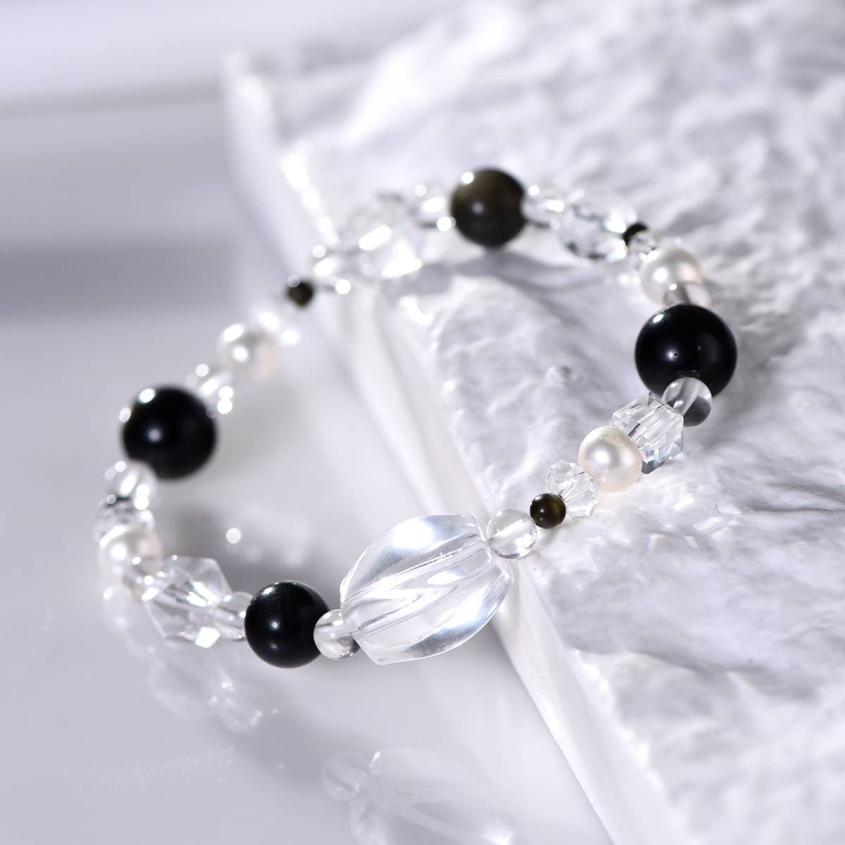 Taoist Energy Bracelet - Obsidian and White Crystal