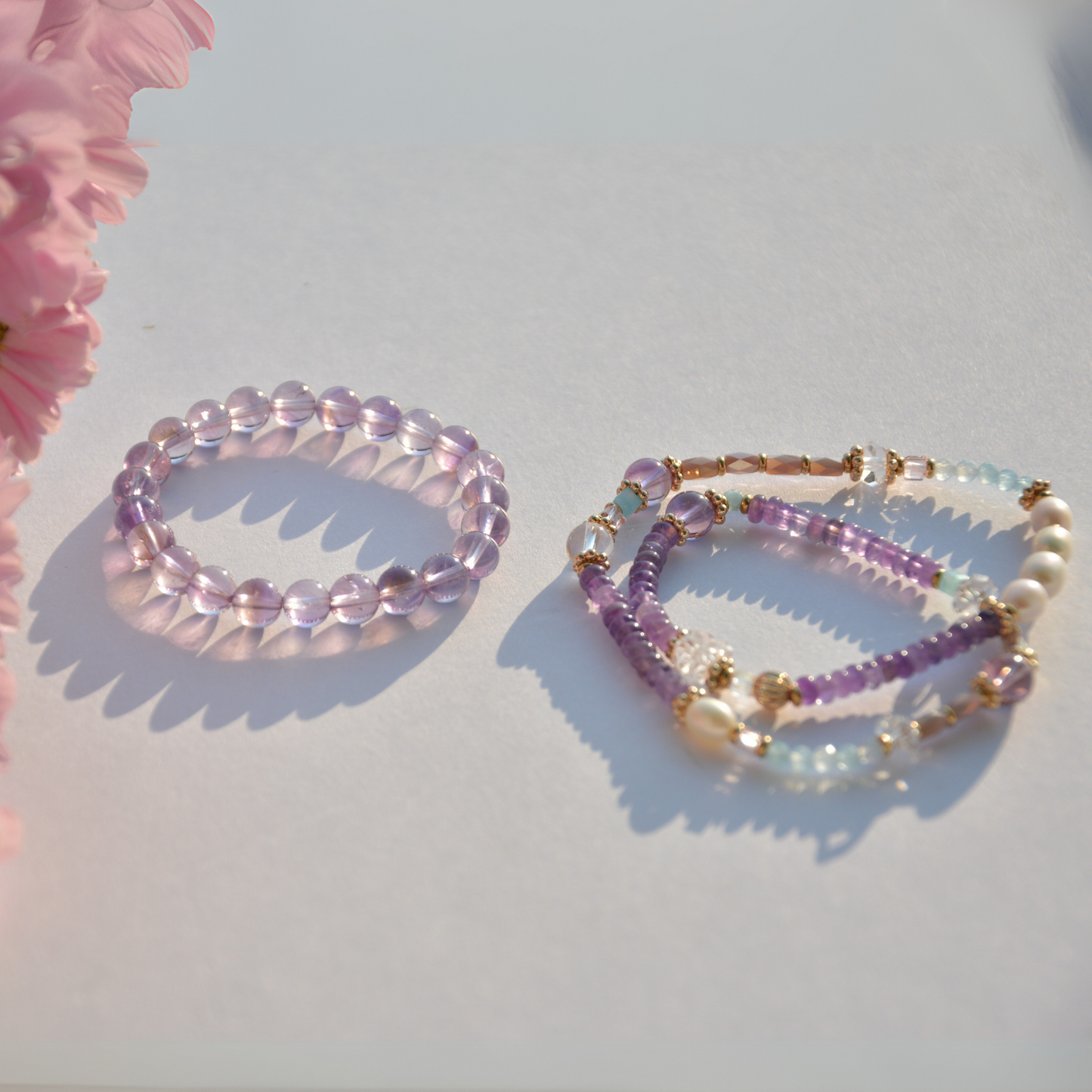 Bohemian Beaded Amethyst Double Circle Bracelet with Swarovski Crystals and 14K Gold Accents, elegantly displayed on a white background.